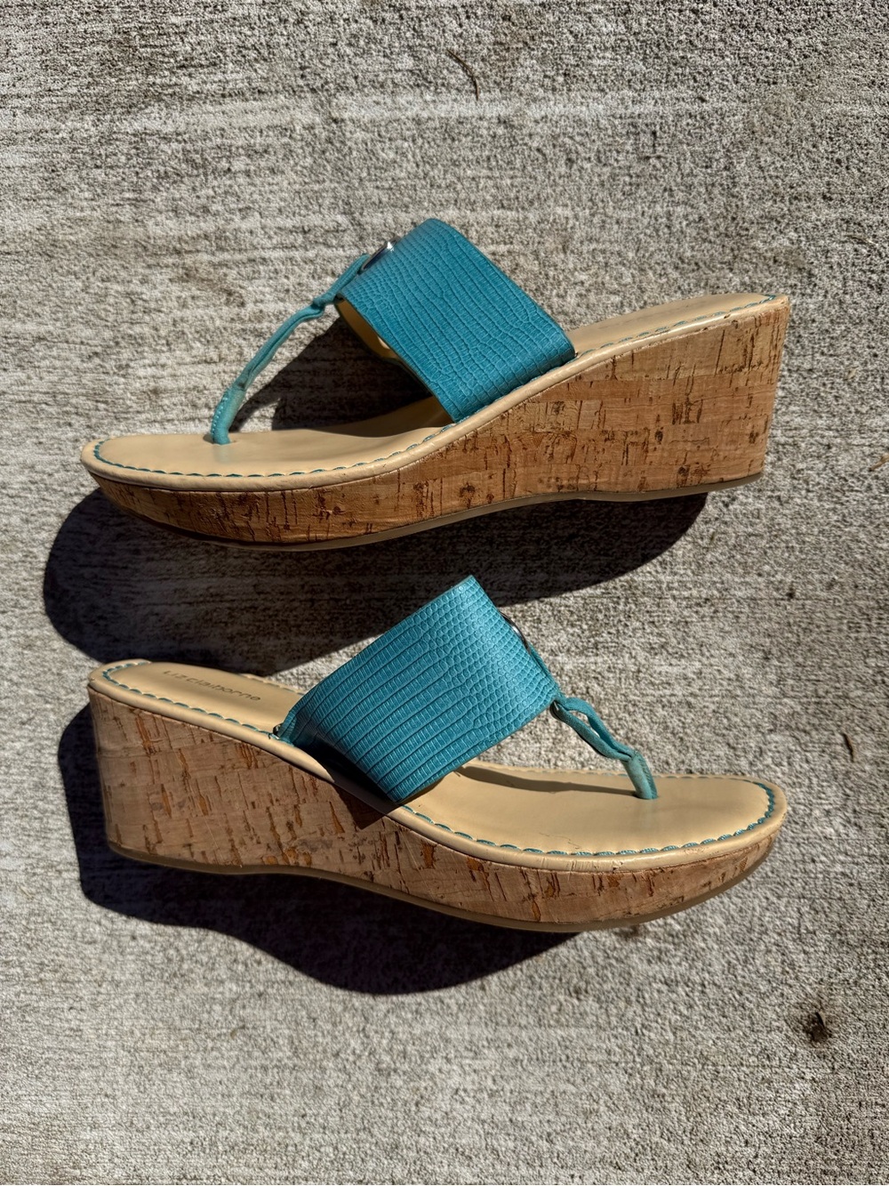 Liz Claiborne Teal Cork Wedge Thong Sandals